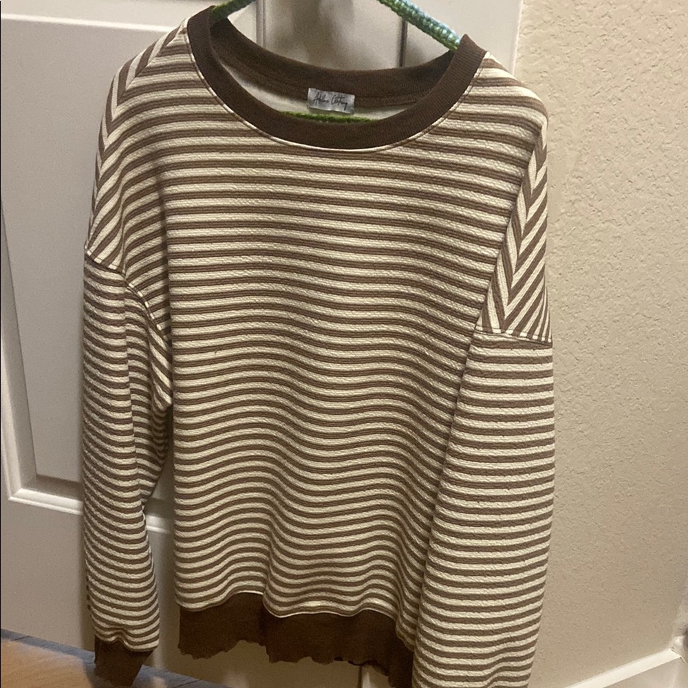 Brown and Cream Striped Crew Neck Sweater